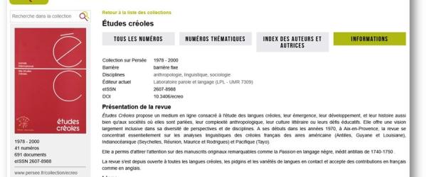 Études Créoles 1978-2000 en accès libre sur Persée